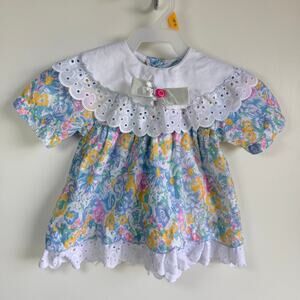 VINTAGE Floral Baby Dress w/ Eyelet Lace Collar Cottagecore Size 68 (3-6 months)